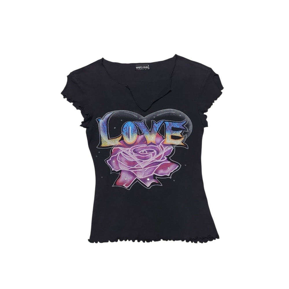 Vintage Y2K Black Multi Color Love Top  100% Cotton Women's Size Small